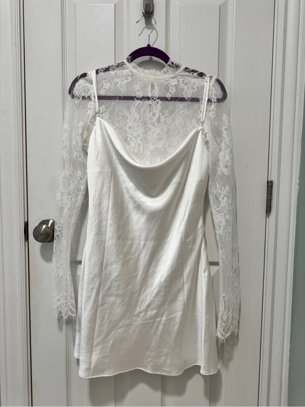 Six Stories - Mimi White Lace Long Sleeve Cowl Satin Mini Dress